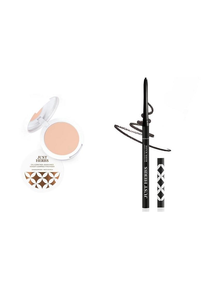 Just Herbs Oil Control Radiance Booster Age Defying Matte Compact Powder For All Skin Types Face Makeup 9G(Porcelain)Retractable 2 In 1 Herbal Eyeliner+Kajal With Almond Oil&Vitamin E Combo,Cream