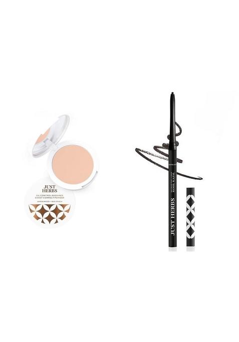 Just Herbs Oil Control Radiance Booster Age Defying Matte Compact Powder For All Skin Types Face Makeup 9G(Porcelain)Retractable 2 In 1 Herbal Eyeliner+Kajal With Almond Oil&Vitamin E Combo,Cream