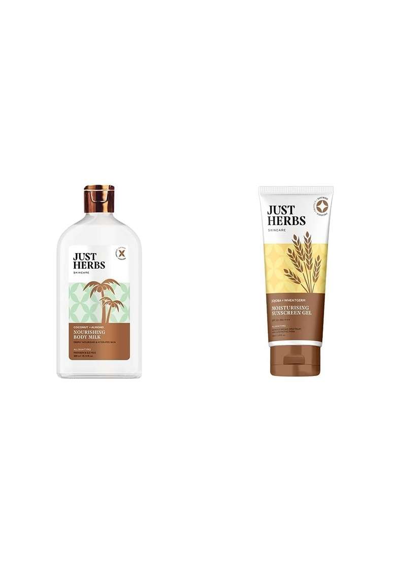 Just Herbs Body Lotion For Dry Normal & Combination Skin Nourishing Milk With Coconut + Almond - 300Ml Spf 35+ Nosun Sunscreen Gel, Lightweight, Broad Spectrum Pa 35++++- 50Ml Combo - Indya
