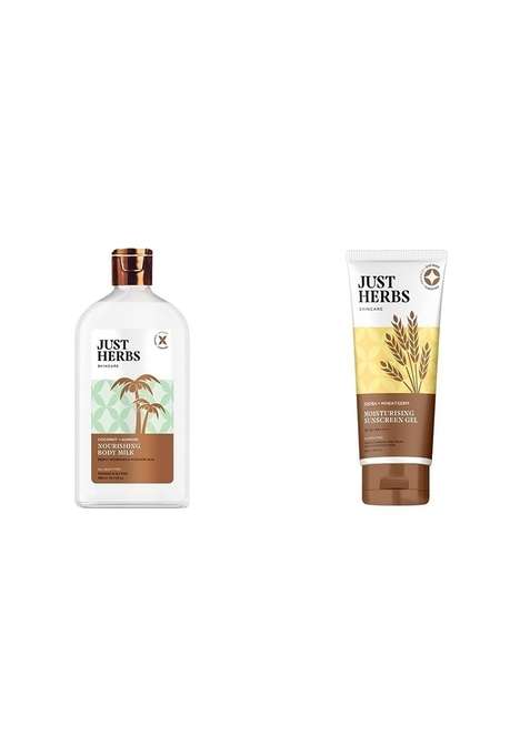 Just Herbs Body Lotion For Dry Normal & Combination Skin Nourishing Milk With Coconut + Almond - 300Ml Spf 35+ Nosun Sunscreen Gel, Lightweight, Broad Spectrum Pa 35++++- 50Ml Combo