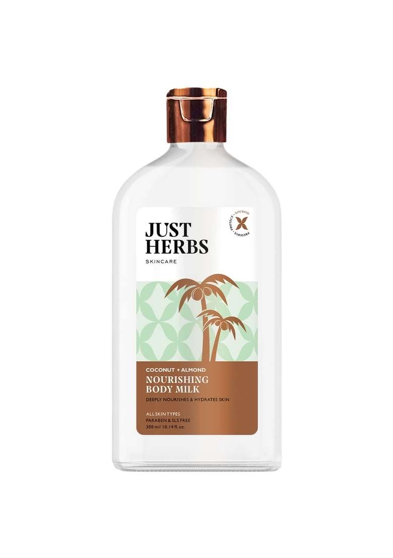 Just Herbs Body Lotion For Dry Normal & Combination Skin Nourishing Milk With Coconut + Almond - 300Ml Under Eye Gel Cream 20 Gm Combo - Indya
