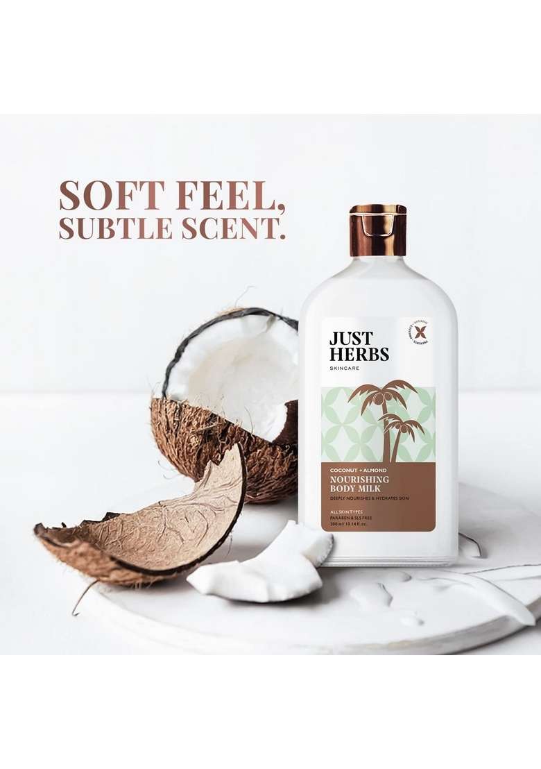 Just Herbs Body Lotion For Dry Normal & Combination Skin Nourishing Milk With Coconut + Almond - 300Ml Under Eye Gel Cream 20 Gm Combo - Indya