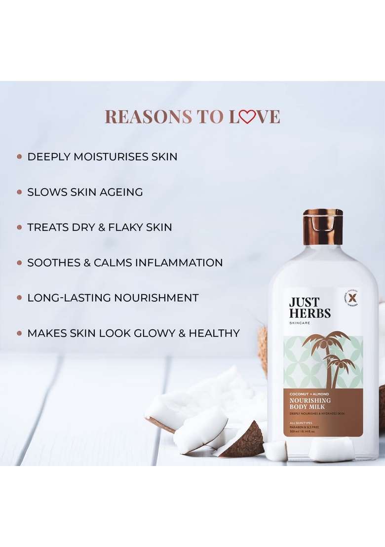 Just Herbs Body Lotion For Dry Normal & Combination Skin Nourishing Milk With Coconut + Almond - 300Ml Under Eye Gel Cream 20 Gm Combo - Indya