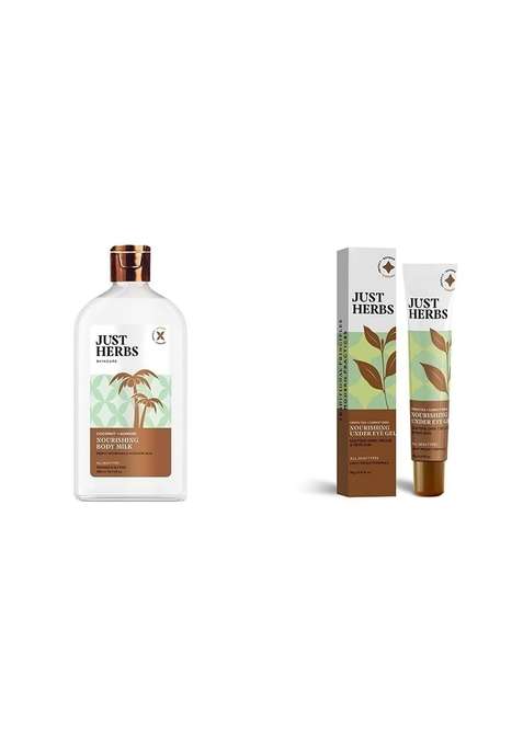 Just Herbs Body Lotion For Dry Normal & Combination Skin Nourishing Milk With Coconut + Almond - 300Ml Under Eye Gel Cream 20 Gm Combo