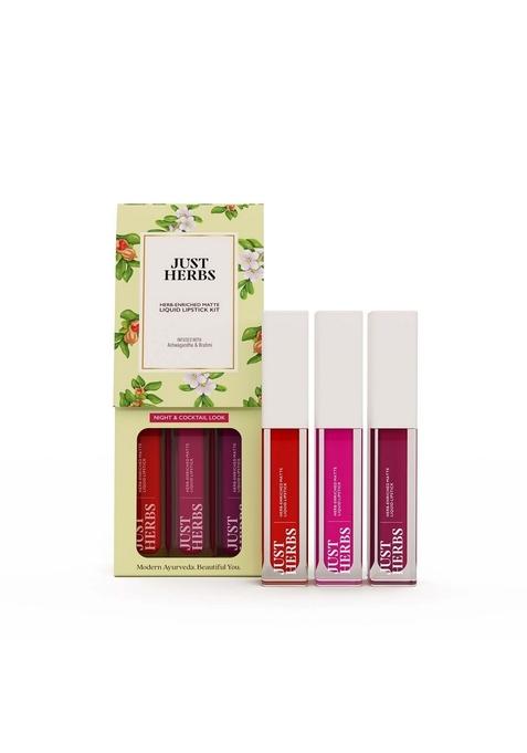 Just Herbs Ayurvedic Liquid Lipstick Kit Set Of 3 With Long Lasting, Hydrating & Lightweight Lip Colour, Full Size - Paraben Silicon Free 6 Ml (Night + Cocktail Look)