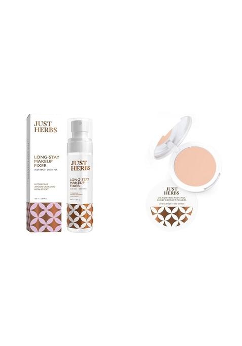 Just Herbs Long Stay Non Sticky Makeup Fixer & Oil Control Radiance Booster Age Defying Compact Powder For Face 9G (Porcelain) Combo