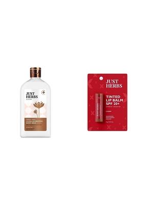 Just Herbs Saffron + Malai Nourishing Body Milk Lotion- 300Ml & Tinted Lip Balm 4 G (Cherry) Combo