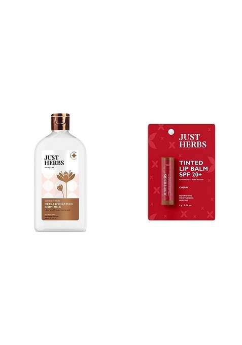 Just Herbs Saffron + Malai Nourishing Body Milk Lotion- 300Ml & Tinted Lip Balm 4 G (Cherry) Combo