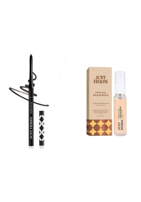 Just Herbs Retractable 2 In 1 Herbal Pencil Eyeliner + Kajal - Black 0.3G & Luxury Scent Long Lasting Silk Spice Travel Friendly Perfume 10Ml Combo, Matte Finish