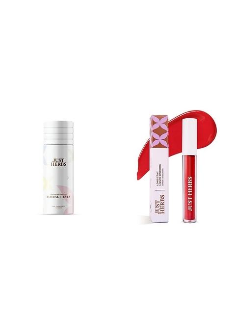 Just Herbs Long Lasting, Refreshing Body Spray, Natural Deodorant For Women - Phthalate-Free Formula,150 Ml (Floral Fiesta) & Liquid Sindoor Lasting Quick Dry 5G (Ruby Red) Combo