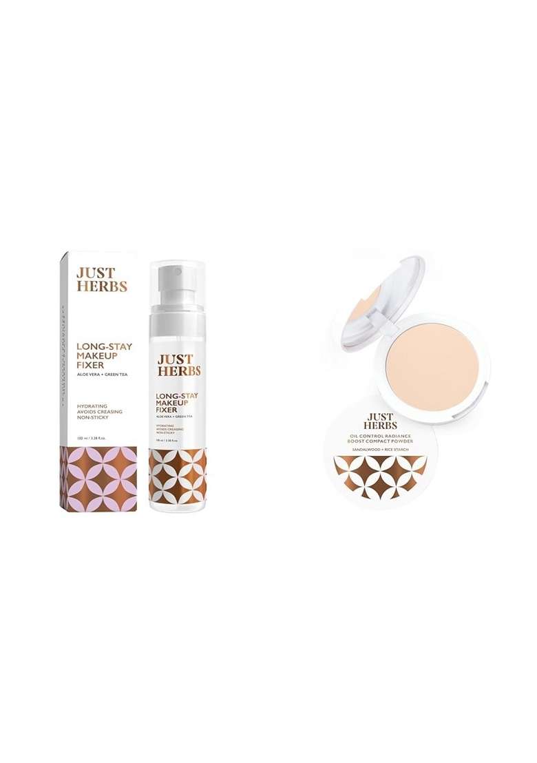 Just Herbs Long Stay Non Sticky Makeup Fixer & Oil Control Radiance Booster Age Defying Compact Powder For Face 9G (Ivory) Combo - Indya