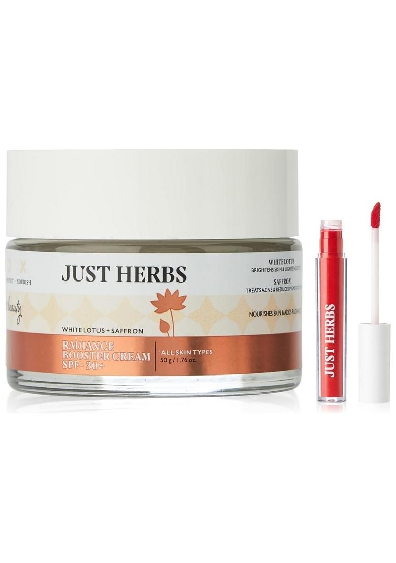 Just Herbs Skin Whitening Face Cream With Spf 30+ Saffron And White Lotus Radiance Booster Cream- 50G & Liquid Sindoor Long Lasting Quick Dry 5G (Ruby Red) Combo