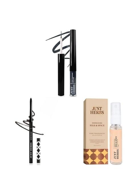 Just Herbs Eyeliner Waterproof And Smudge Proof & Retractable 2 In 1 Herbal Matte + Kajal With Almond Oil Luxury Scent Long Lasting Silk Spice Travel Friendly Liquid Perfume 10Ml, Black