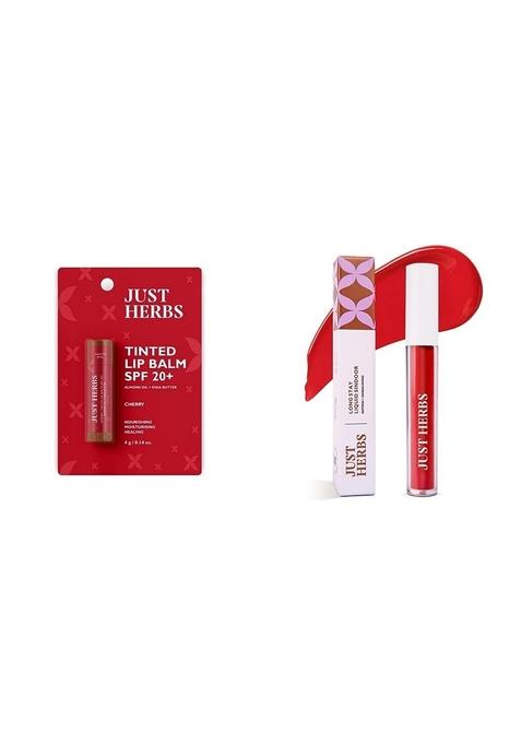 Just Herbs Tinted Lip Balm For Men And Women With Spf 20+ Dark Lips To Lighten 4 G (Cherry) & Liquid Sindoor Long Lasting Quick Dry 5G (Ruby Red) Combo