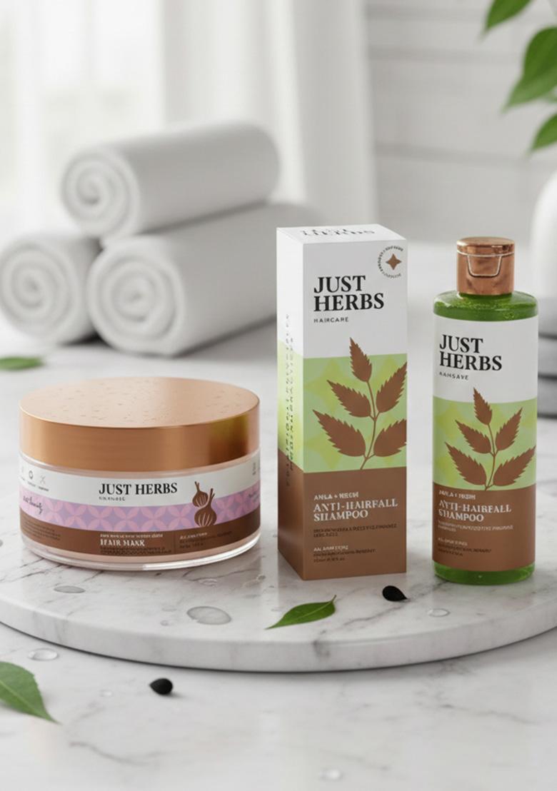 Just Herbs Anti Hairfall Natural Hair Mask With Castor & Black Onion Seed- 200Gm 8 In 1 Root Nourishing Amla Neem Fall Control Shampoo 200 Ml Combo For Frizzy Hair, 3 Count