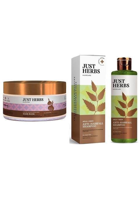 Just Herbs Anti Hairfall Natural Hair Mask With Castor & Black Onion Seed- 200Gm 8 In 1 Root Nourishing Amla Neem Fall Control Shampoo 200 Ml Combo For Frizzy Hair, 3 Count