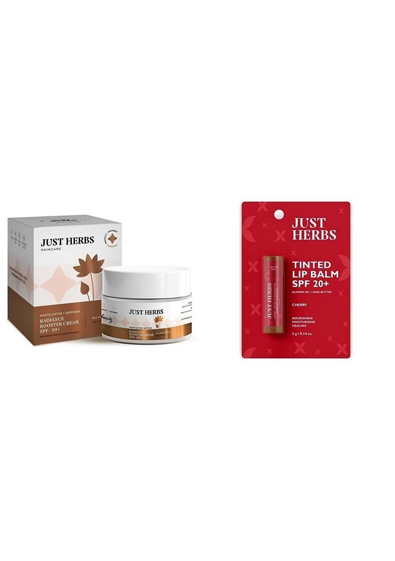 Just Herbs Skin Whitening Face Cream With Spf 30+ Saffron And White Lotus Radiance Booster Cream- 50G & Tinted Lip Balm 4 G (Cherry) Combo