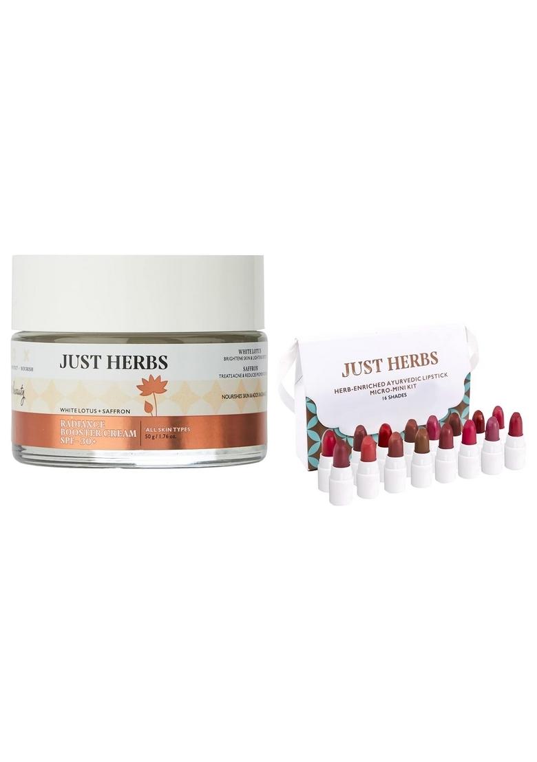 Just Herbs Skin Whitening Face Cream With Spf 30+ Saffron And White Lotus Radiance Booster Cream- 50G & Ayurvedic Creamy Matte Lipstick Set Lip(Pack Of 16) Combo