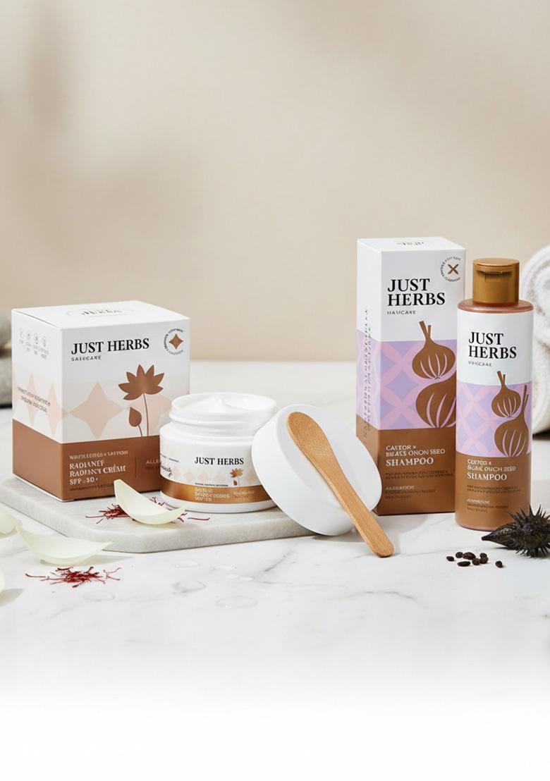Just Herbs Skin Whitening Face Cream With Spf 30+ Saffron And White Lotus Radiance Booster Cream- 50G & Castor Black Onion Seed Sulfate Free Shampoo Reduce Hairfall- 200Ml Combo