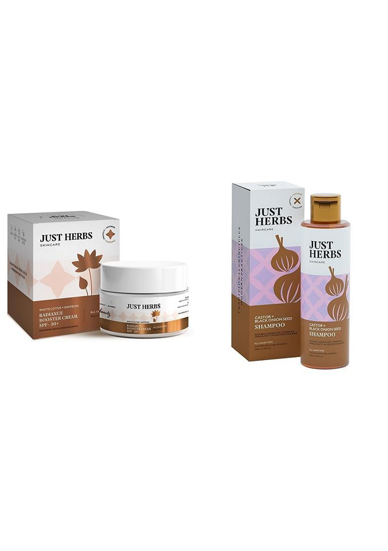 Just Herbs Skin Whitening Face Cream With Spf 30+ Saffron And White Lotus Radiance Booster Cream- 50G & Castor Black Onion Seed Sulfate Free Shampoo Reduce Hairfall- 200Ml Combo