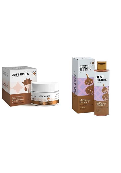 Just Herbs Skin Whitening Face Cream With Spf 30+ Saffron And White Lotus Radiance Booster Cream- 50G & Castor Black Onion Seed Sulfate Free Shampoo Reduce Hairfall- 200Ml Combo