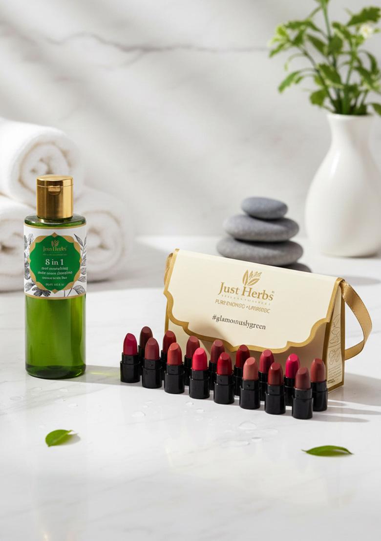 Just Herbs 8 In 1 Root Nourishing Amla Neem Hair Fall Control Shampoo & Paraben Free 200 Ml Ayurvedic Creamy Matte Lipstick Set 38Gm (Pack Of 16)