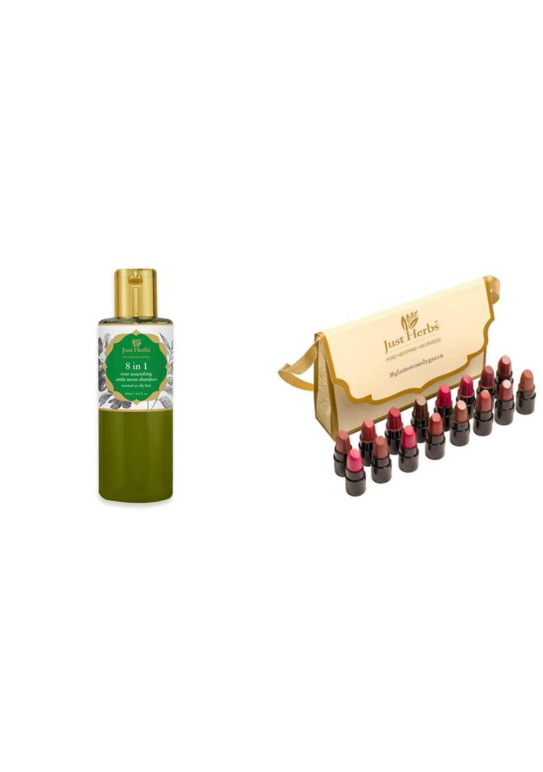 Just Herbs 8 In 1 Root Nourishing Amla Neem Hair Fall Control Shampoo & Paraben Free 200 Ml Ayurvedic Creamy Matte Lipstick Set 38Gm (Pack Of 16)