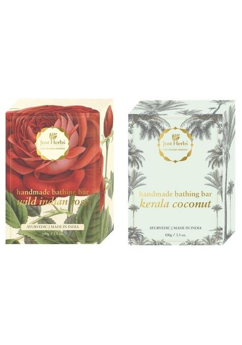 Just Herbs Ayurvedic Coconut And Aloe Vera Handmade Bathing Soap Barmen Women - Sls Paraben Free & Rose Skin Detoxify Bar Combo