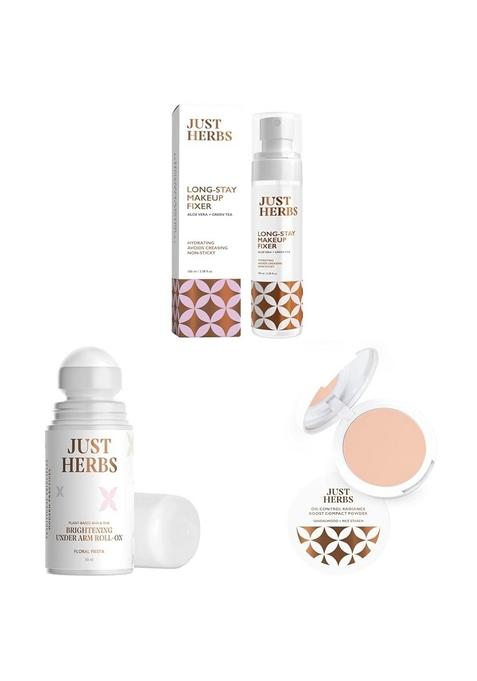 Just Herbs Long Stay Non Sticky Makeup Fixer & Under Arm Roll On, Floral Fiesta Lasting Refreshing Deodorant - 50 Ml Oil Control Radiance Booster Age Defying Compact Powder, 9G (Porcelain)