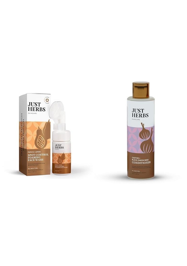 Just Herbs Brightening Foaming Face Wash With Vitamin C & Castor Conditioner Onion Black Seed Oil Bhringraj For Hair Growth Combo
