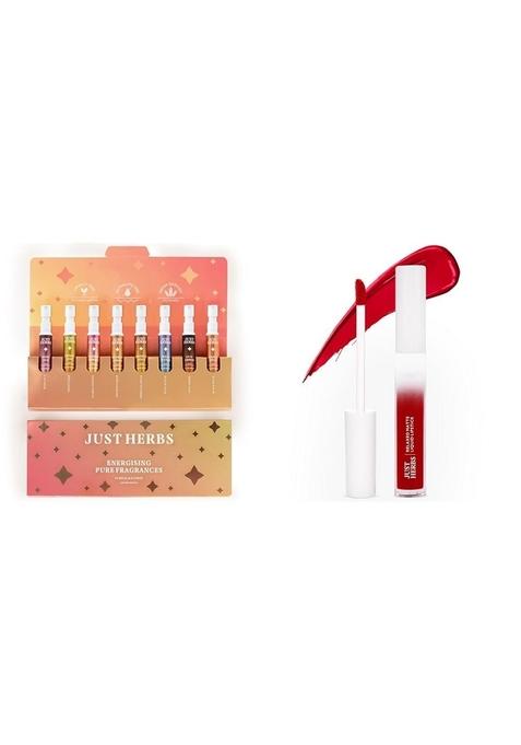 Just Herbs Women Edp Perfumes Trial Set Of 8 X 3Ml Long Lasting Pocket Perfume Citrus Fragrances & Relaxed Matte Liquid Lipstick Lip Colour Combo, 24 Millilitres