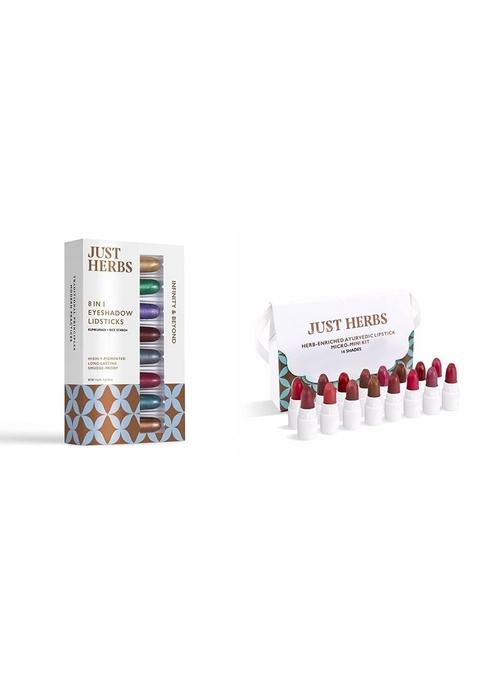 Just Herbs 8 In 1 Herbal Metallic-Shimmer Finish - 12Gm& Ayurvedic Creamy Matte Lipstick Set Lip(Pack Of 16) Combo