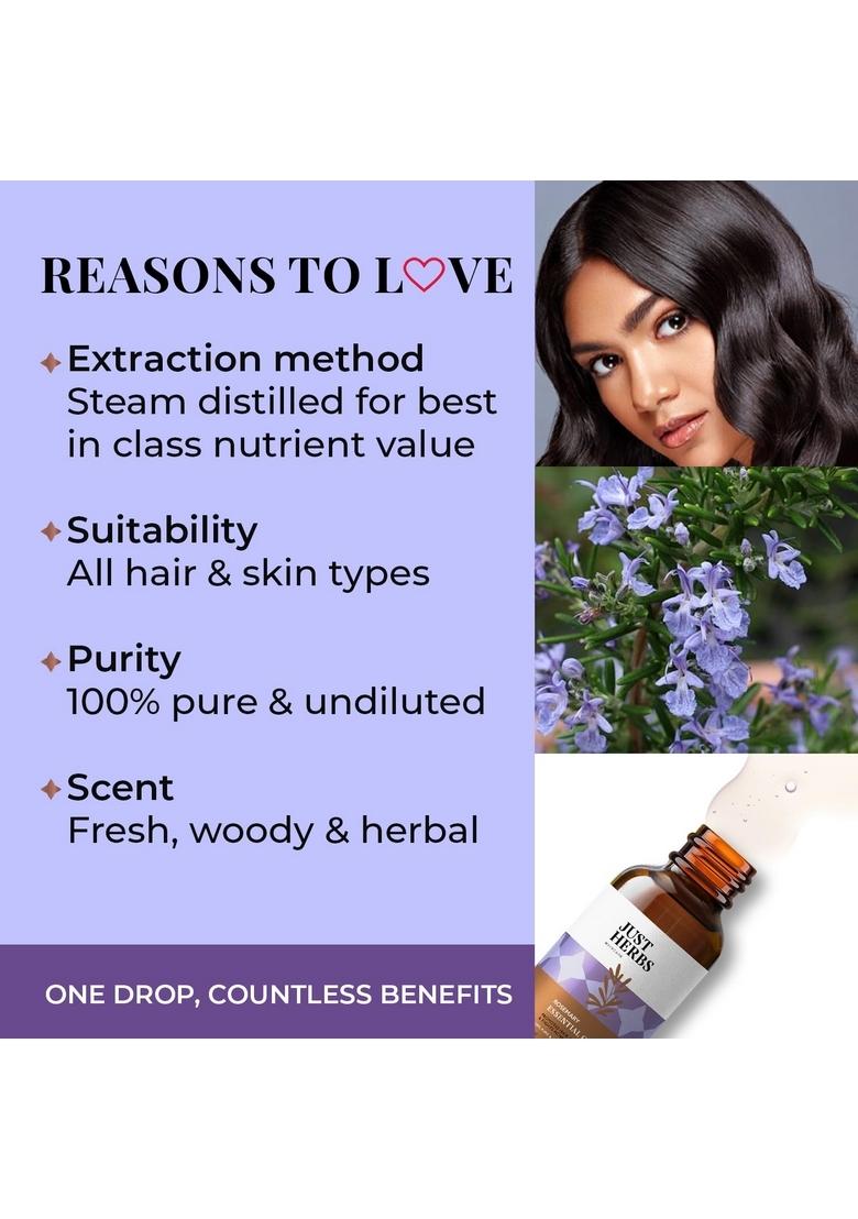 Just Herbs Rosemary Steam 100% Pure Distilled Essential Oil For Hair | Skin Fights Acne Elevates Mood Aromatherapy Men And Women (10 Ml)