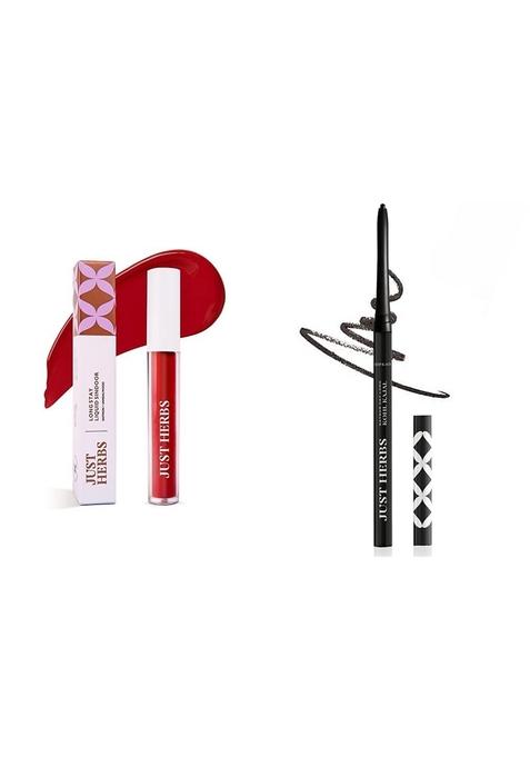 Just Herbs Liquid Sindoor Long Lasting Quick Dry 5G (Scarlet Maroon) & Retractable 2 In 1 Herbal Eyeliner + Kajal - Black 0.3G Combo