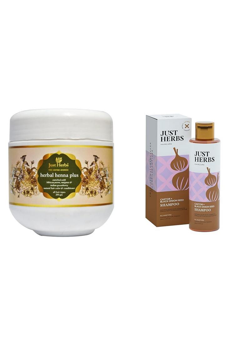 Just Herbs Herbal Henna Plus & Castor And Black Onion Seed Sulfate Free Shampoo Reduce Hairfall Combo