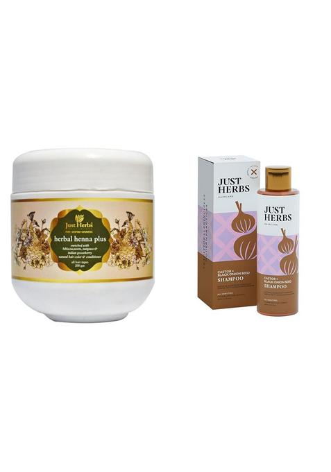 Just Herbs Herbal Henna Plus & Castor And Black Onion Seed Sulfate Free Shampoo Reduce Hairfall Combo