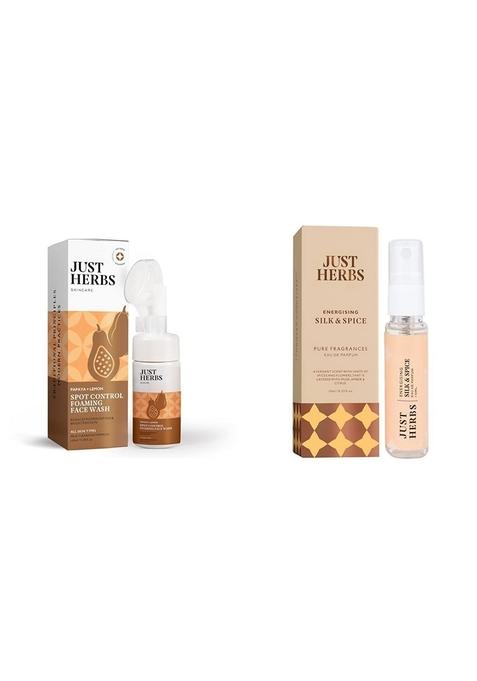 Just Herbs Brightening Foaming Face Wash With Vitamin C & Luxury Scent Long Lasting Silk Spice Travel Friendly Perfume 10Ml Combo