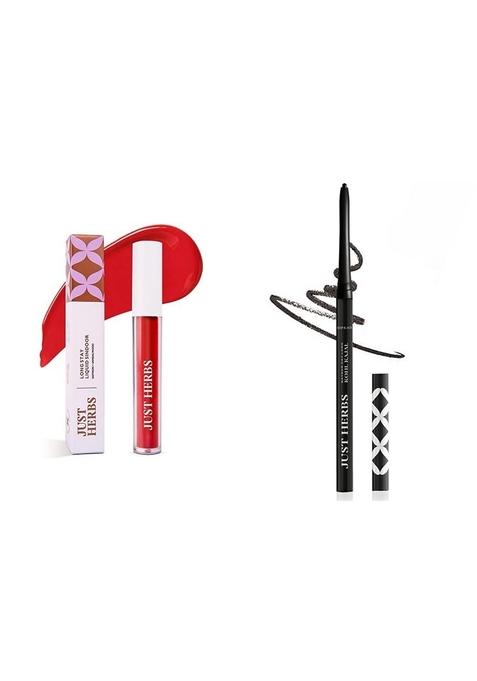 Just Herbs Liquid Sindoor Long Lasting Quick Dry 5G (Ruby Red) & Retractable 2 In 1 Herbal Eyeliner + Kajal - Black 0.3G Combo