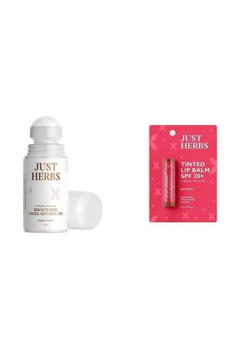Just Herbs Unisex Vanilla Under Arm Roll On Deodorant - 50 Ml & Tinted Lip Balm 4 G (Beetroot) Combo, 2 Count