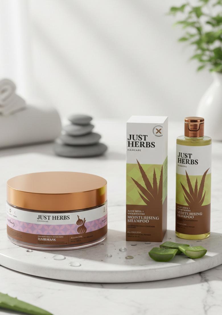 Just Herbs Anti Hairfall Natural Aloe Vera All Hair Mask With Castor & Black Onion Seed- 200Gm Ayurvedic Silky Strength Dandruff Shampoo 200 Ml Combo,2 Count