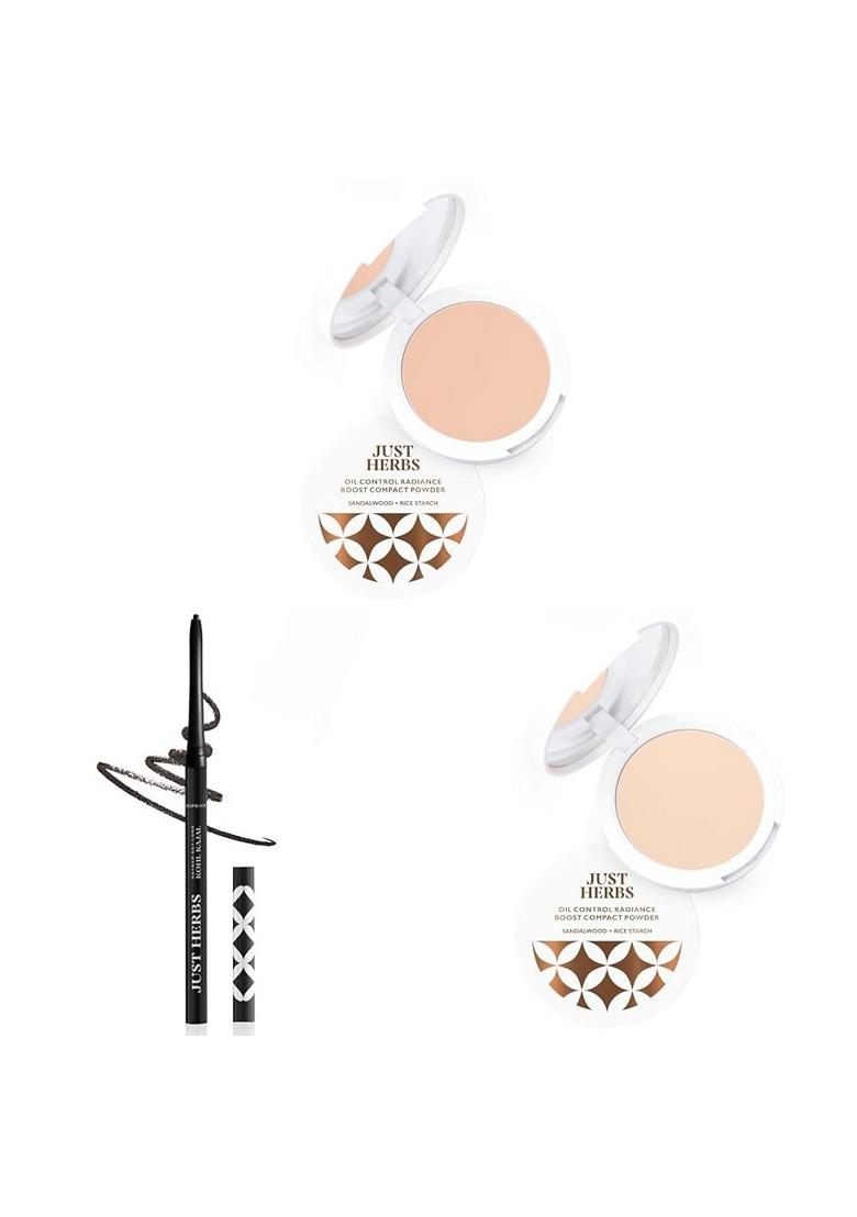 Just Herbs Oil Control Radiance Booster Age Defying Matte Compact Powder For All Skin Types Face Makeup 9G&Retractable 2 In 1 Herbal Eyeliner + Kajal With Almond Oil(Ivory),Cream