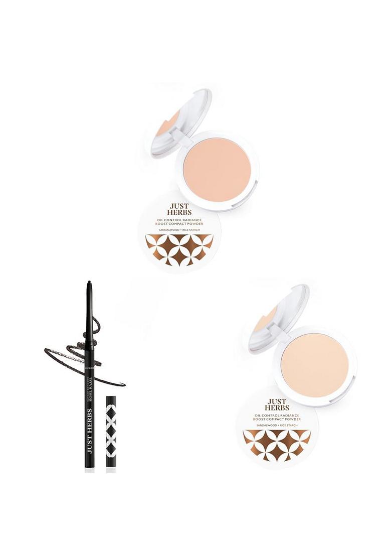 Just Herbs Oil Control Radiance Booster Age Defying Matte Compact Powder For All Skin Types Face Makeup 9G&Retractable 2 In 1 Herbal Eyeliner + Kajal With Almond Oil(Ivory),Cream