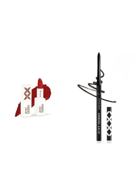 Just Herbs Ayurvedic Creamy Matte Lipstick06 Burnt Red (Half - Size) 1.8Gm & Retractable 2 In 1 Herbal Eyeliner + Kajal Black 0.3G Combo