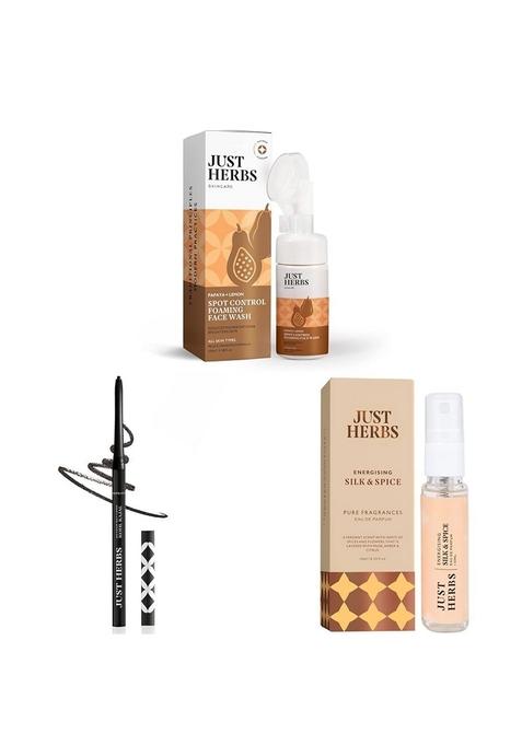 Just Herbs Brightening Foaming Face Wash With Vitamin C&Retractable 2 In 1 Herbal Eyeliner + Kajal Almond Oil&Luxury Scent Long Lasting Silk&Spice Travel Friendly Perfume 10Ml