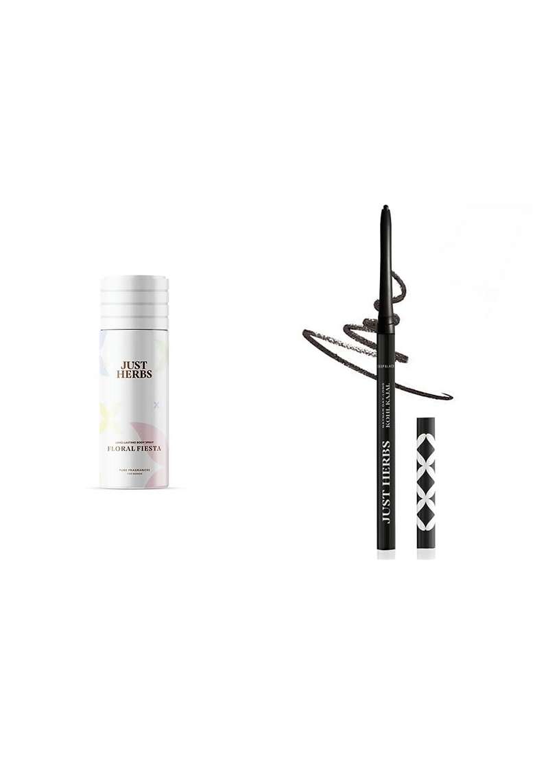 Just Herbs Unisex Long Lasting- Amber Phthalate-Free Formula Spray,150 Ml (Floral Fiesta) & Retractable 2 In 1 Herbal Eyeliner + Kajal - Black 0.3G Combo - Indya