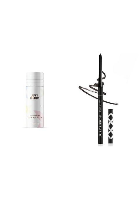 Just Herbs Unisex Long Lasting- Amber Phthalate-Free Formula Spray,150 Ml (Floral Fiesta) & Retractable 2 In 1 Herbal Eyeliner + Kajal - Black 0.3G Combo