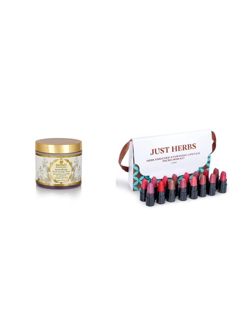 Just Herbs Ayurvedic Herbal Nourishing Face Moisturizing Massage Cream100 Gm & Creamy Matte Lipstick Set38Gm (Pack Of 16)
