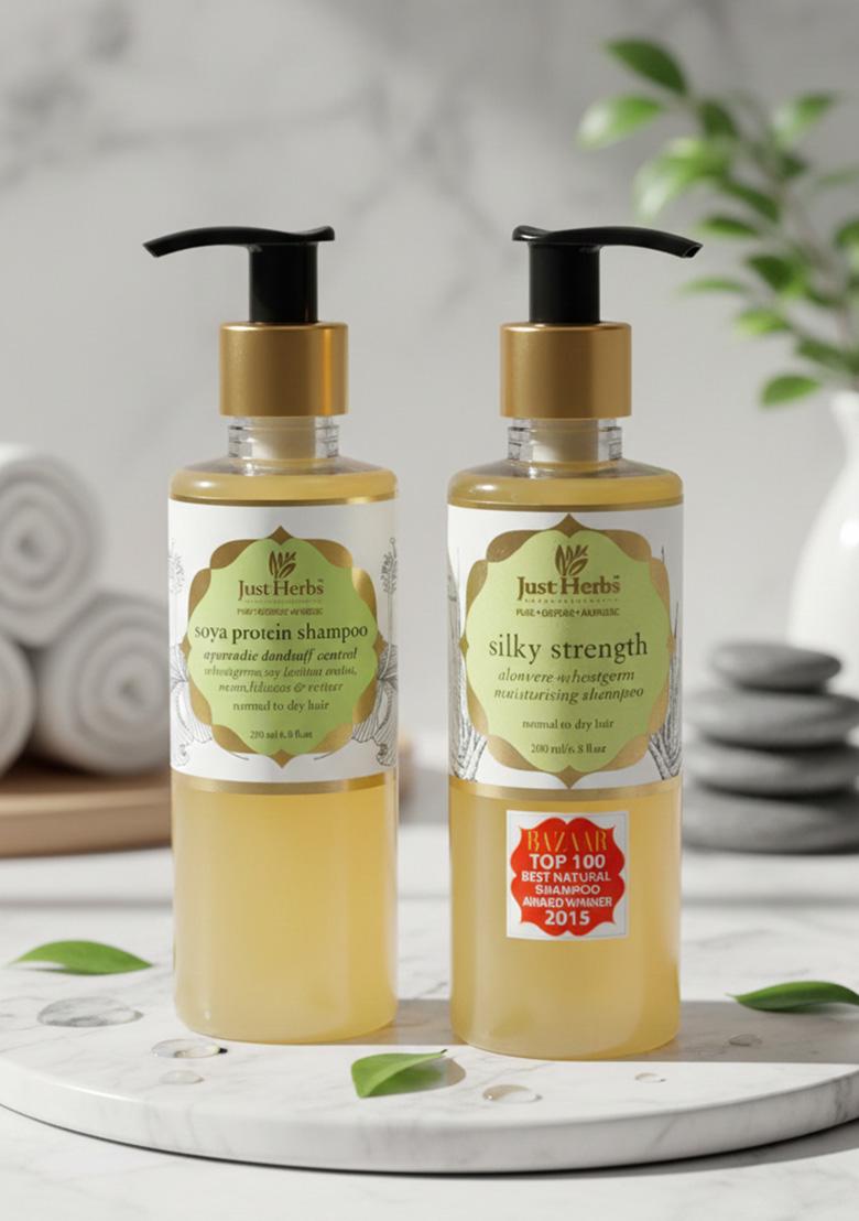 Just Herbs Silky Strength Aloevera Wheatgerm Moisturizing Shampoo For Dry And Brittle Hair-200 Ml & Ayurvedic Anti-Dandruff Soya Protein Herbal Shampoo, Men Women, Chemical Free
