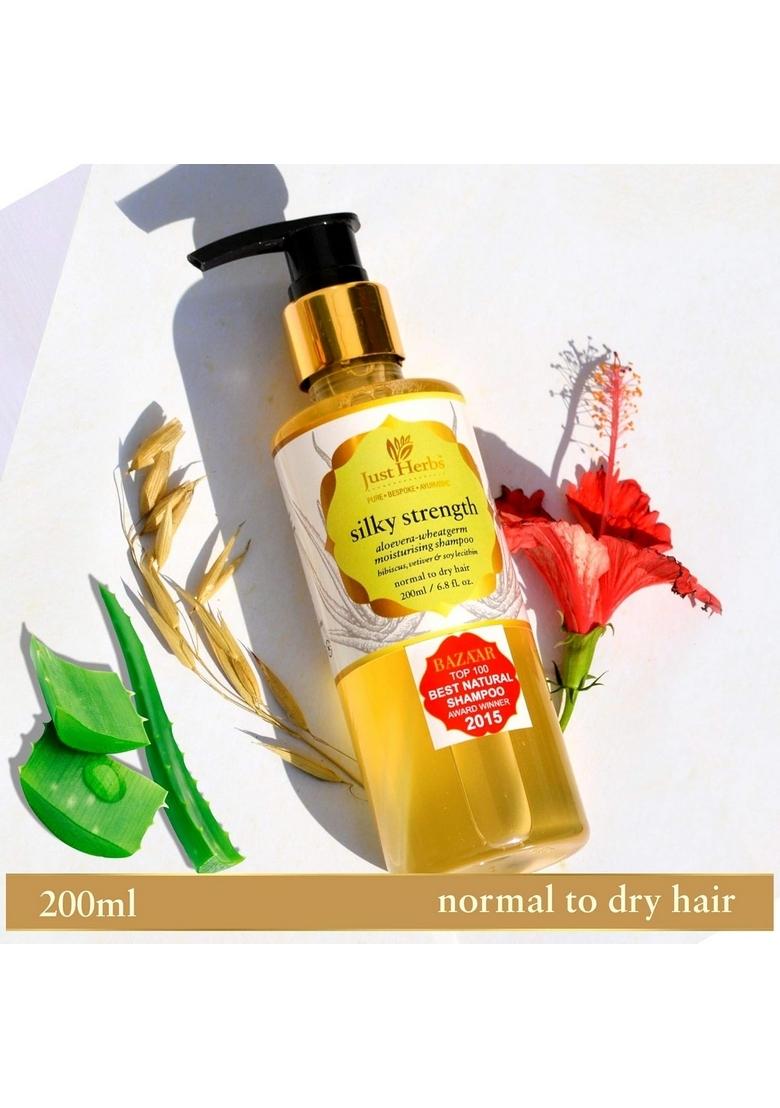 Just Herbs Silky Strength Aloevera Wheatgerm Moisturizing Shampoo For Dry And Brittle Hair-200 Ml & Ayurvedic Anti-Dandruff Soya Protein Herbal Shampoo, Men Women, Chemical Free