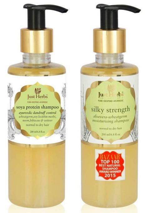 Just Herbs Silky Strength Aloevera Wheatgerm Moisturizing Shampoo For Dry And Brittle Hair-200 Ml & Ayurvedic Anti-Dandruff Soya Protein Herbal Shampoo, Men Women, Chemical Free - 200